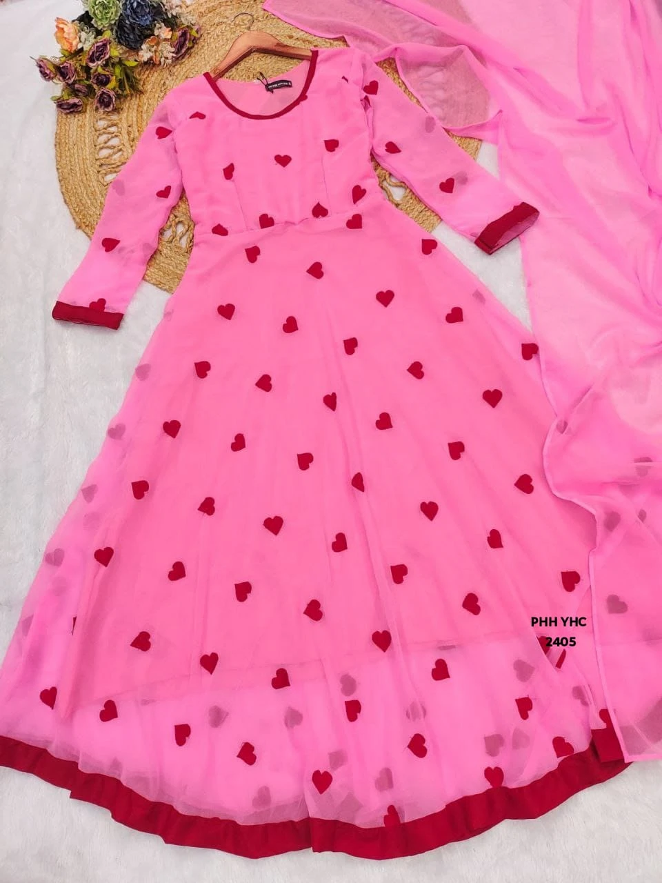 Heart Embroidered Anarkali Gown with Dupatta